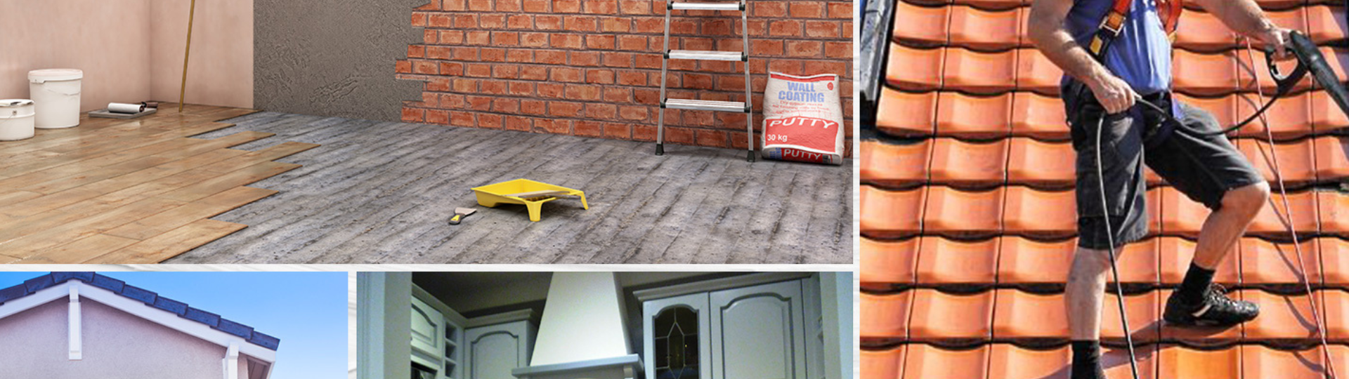 Montage de différentes photos en lien avec la peinture de bâtiments, le nettoyage de toiture